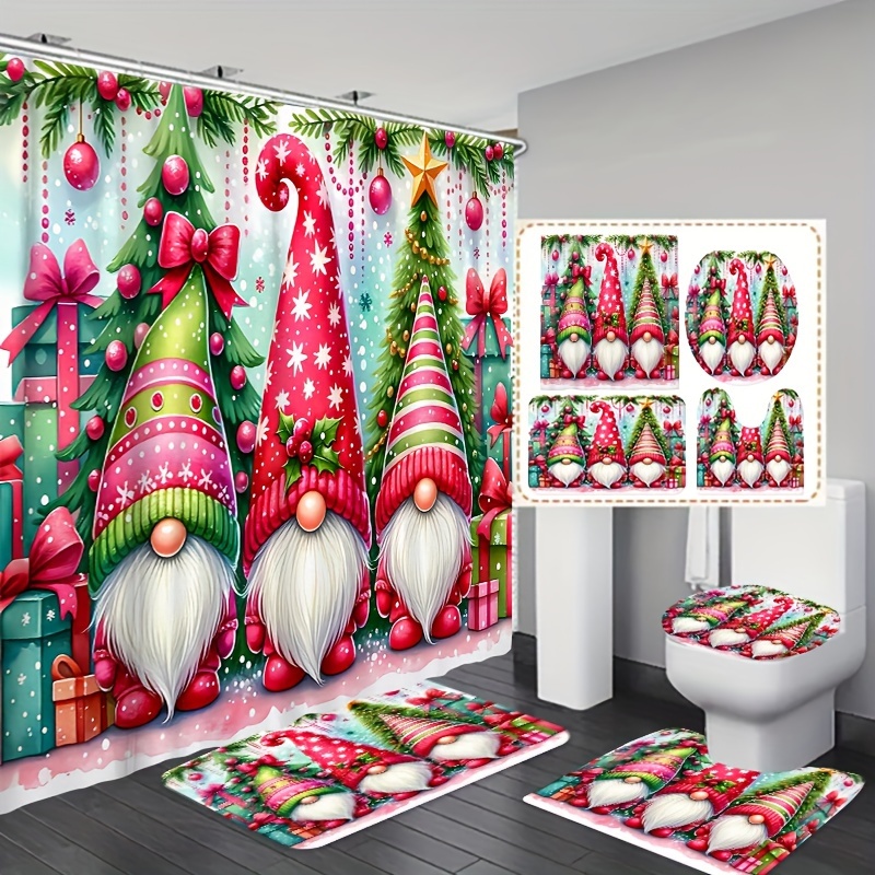 

3/4pcs Hat Elf Pattern Bathroom Set, Machine Washable, Shower Curtain With Non-slip Bath Mat, Mat, Toilet Lid Cover, Non-slip Bath Mat With Mat, Toilet Lid Cover