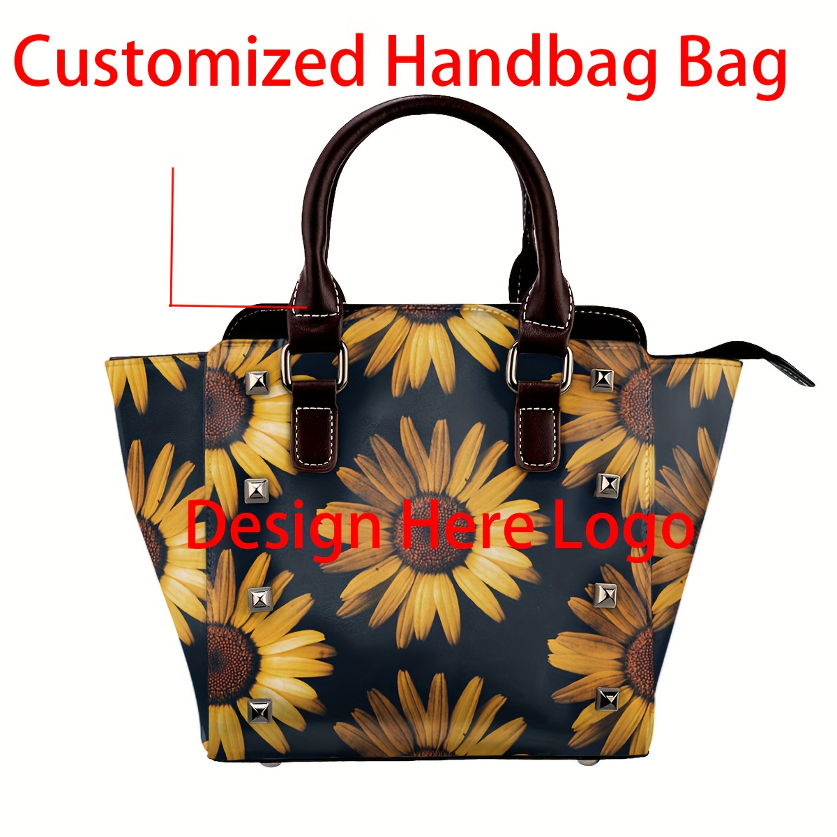 

Custom Personalized Tote Bag Handbag With Rivets, Faux Leather Bag