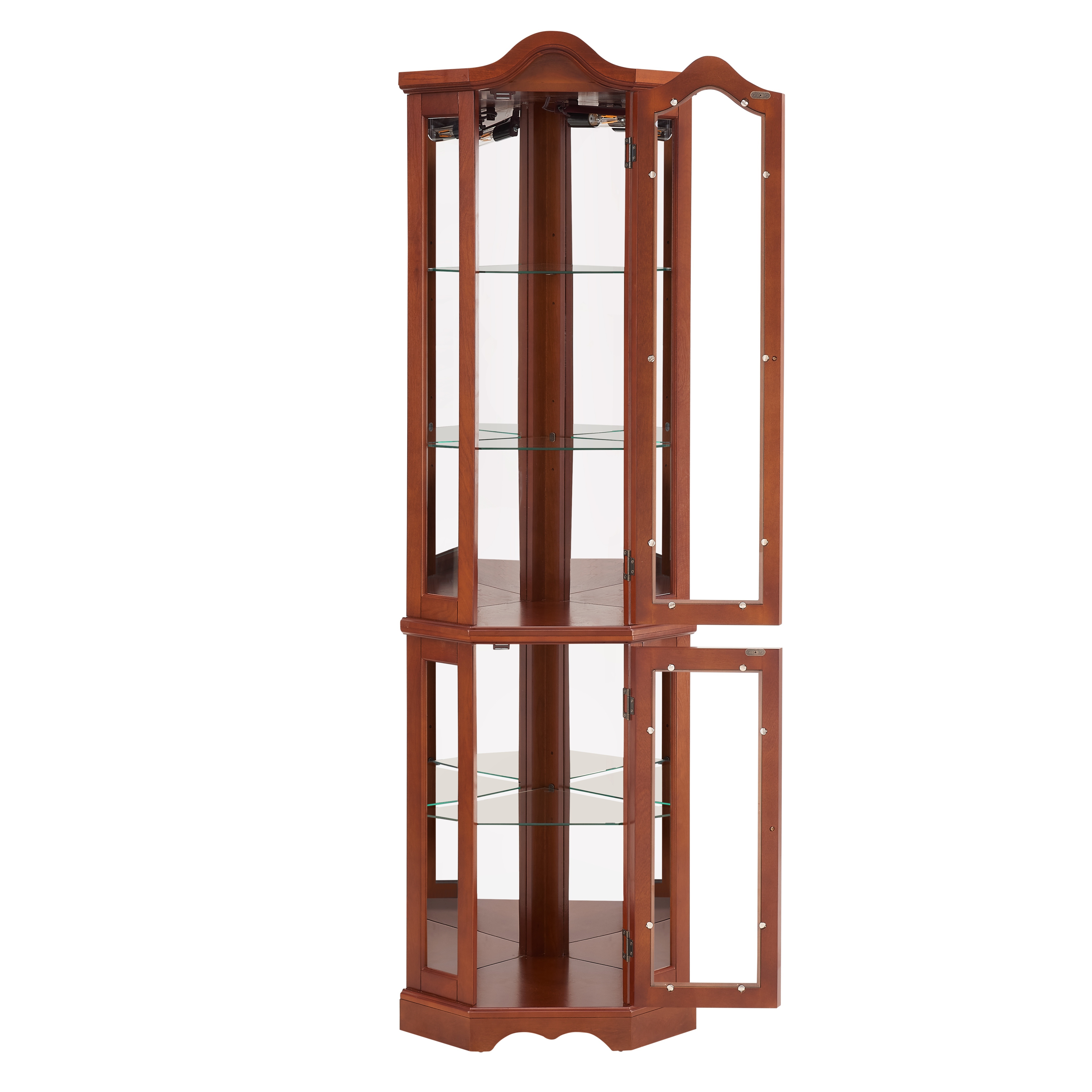 TEMU Wooden Vintage Corner Display Storage Cabinet With Lights, Adjustable Tempered Glass Shelves, And Open Door, Mirrored Back, Display Cabinet, Walnut(light Bulb Not Included)