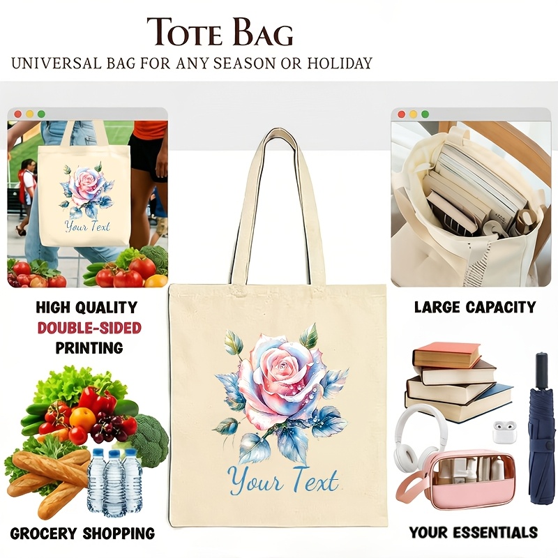 Personalized Custom Text Watercolor Rose Tote Bag, Large Capacity