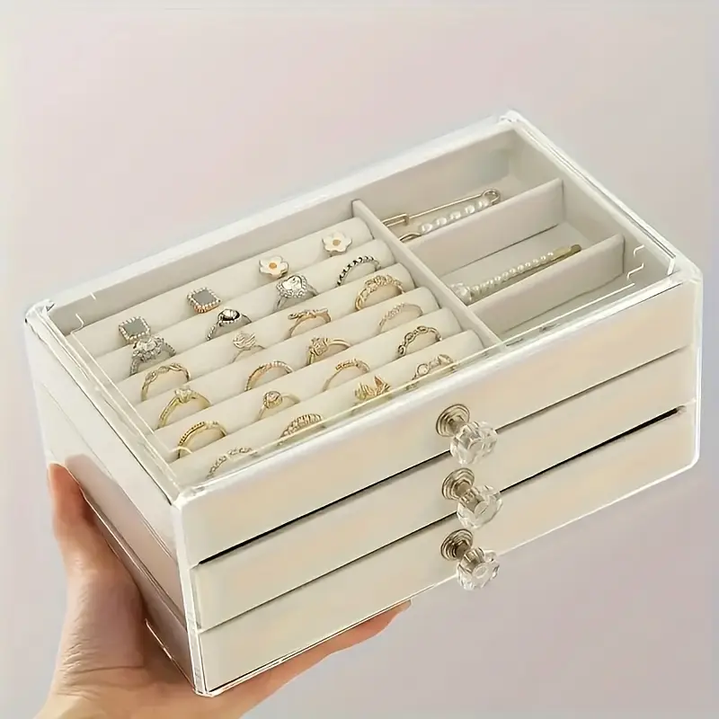large capacity jewelry organizer box with transparent lid - elegant beige/white/gray/black/ - watch, bracelet, earring, necklace storage - durable plastic construction - for home, salon, boutique - jewelry display case - easy- - modern - organizer drawer - jewelry storage box, jewelry box, , contemporary style, fabriclined interior, home organizers, , sturdy construction, fashion Product details 0