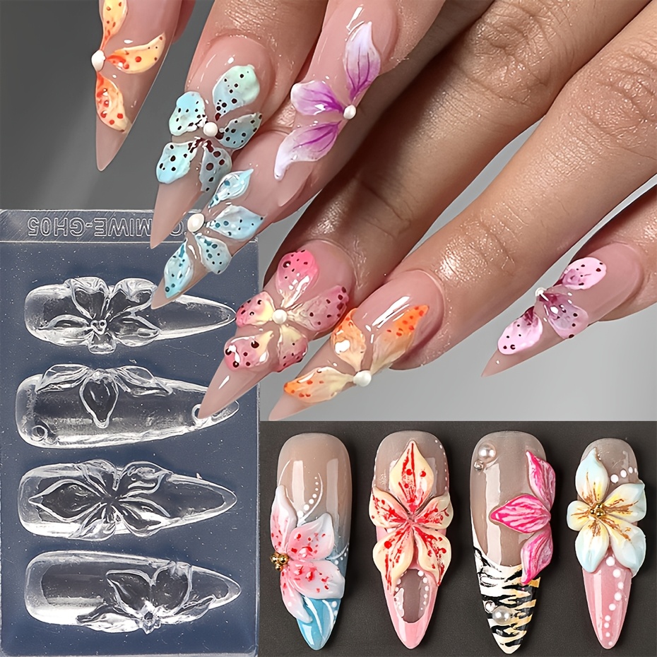 TEMU 1pc Moule à sculpture d'ongles en silicone printemps été, motif de fleurs et de pétales, plaque de tampon, pochoirs d'impression en gel, modèle