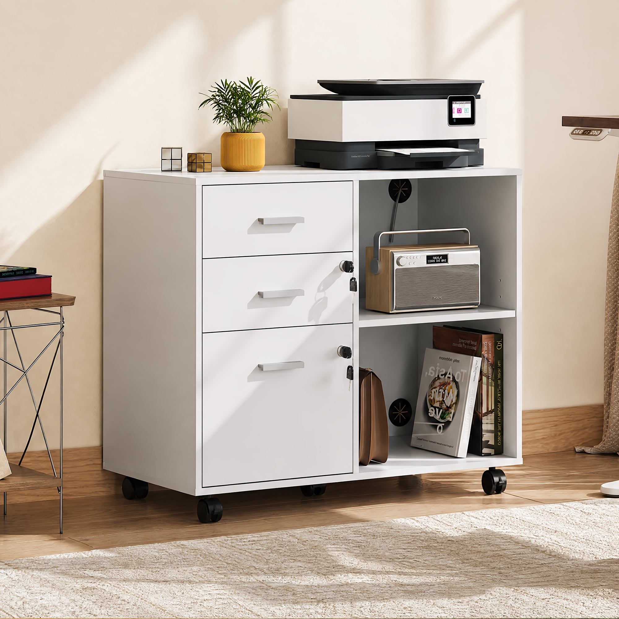 TEMU 3-drawer Lockable Rolling File Cabinet With Adjustable Shelf & Printer Stand - Mobile Under Desk Storage Organizer Suitable For Home Office,