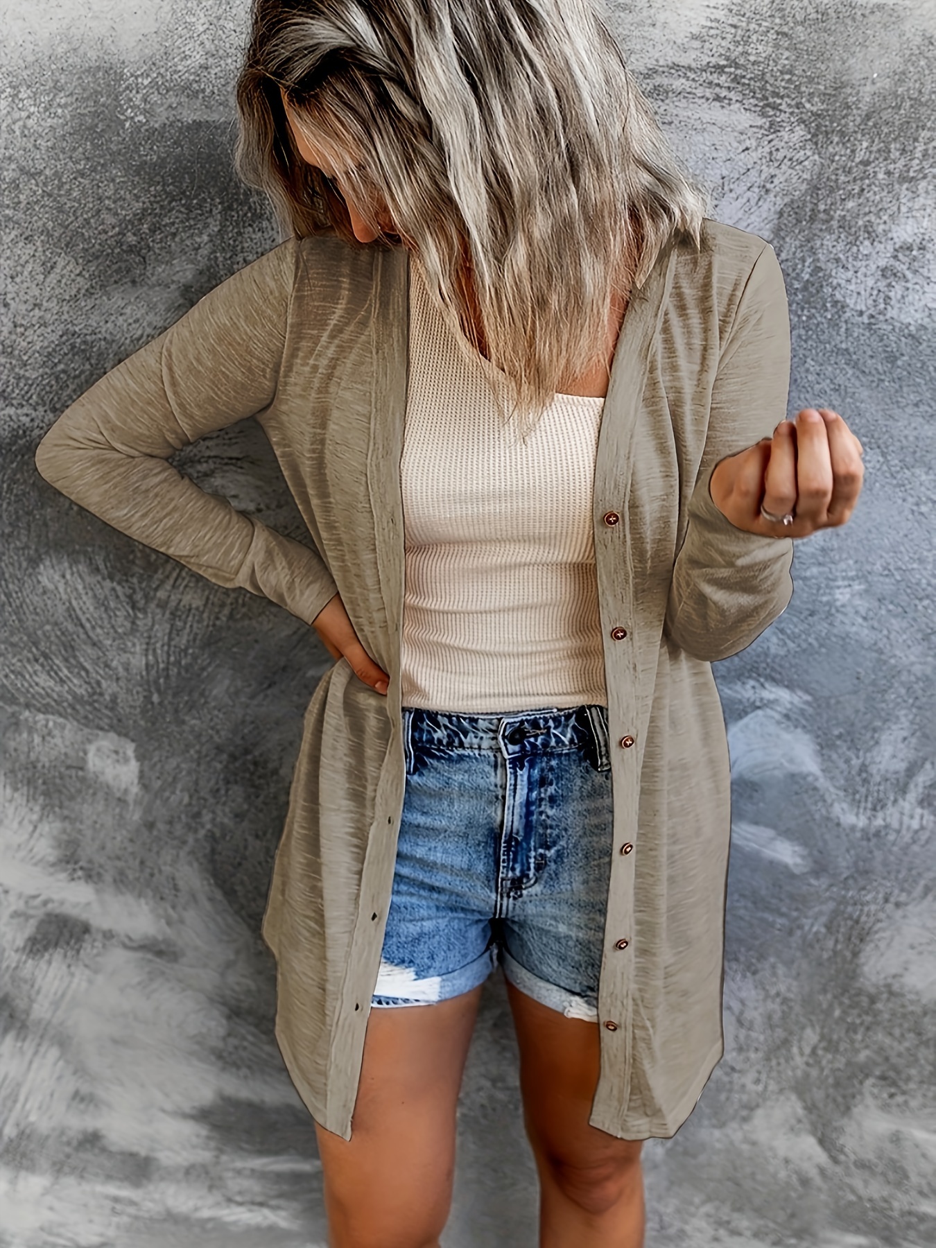 Collarless cardigan on sale