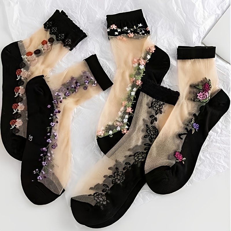 5 Pairs Elegant Floral Print Sheer Socks, Vintage Mesh Lace Crew Socks For Women