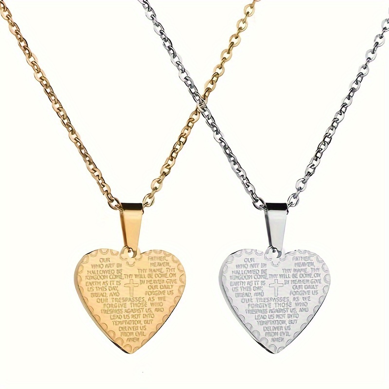 Stainless Steel Heart Pendant Necklace with Scripture Verse Golden Tone