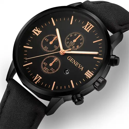 1pc mens casual quartz watch with calendar alloy case leather strap display battery powered electronic movement non rechargeable button battery black rose golden accents for everyday formal wear