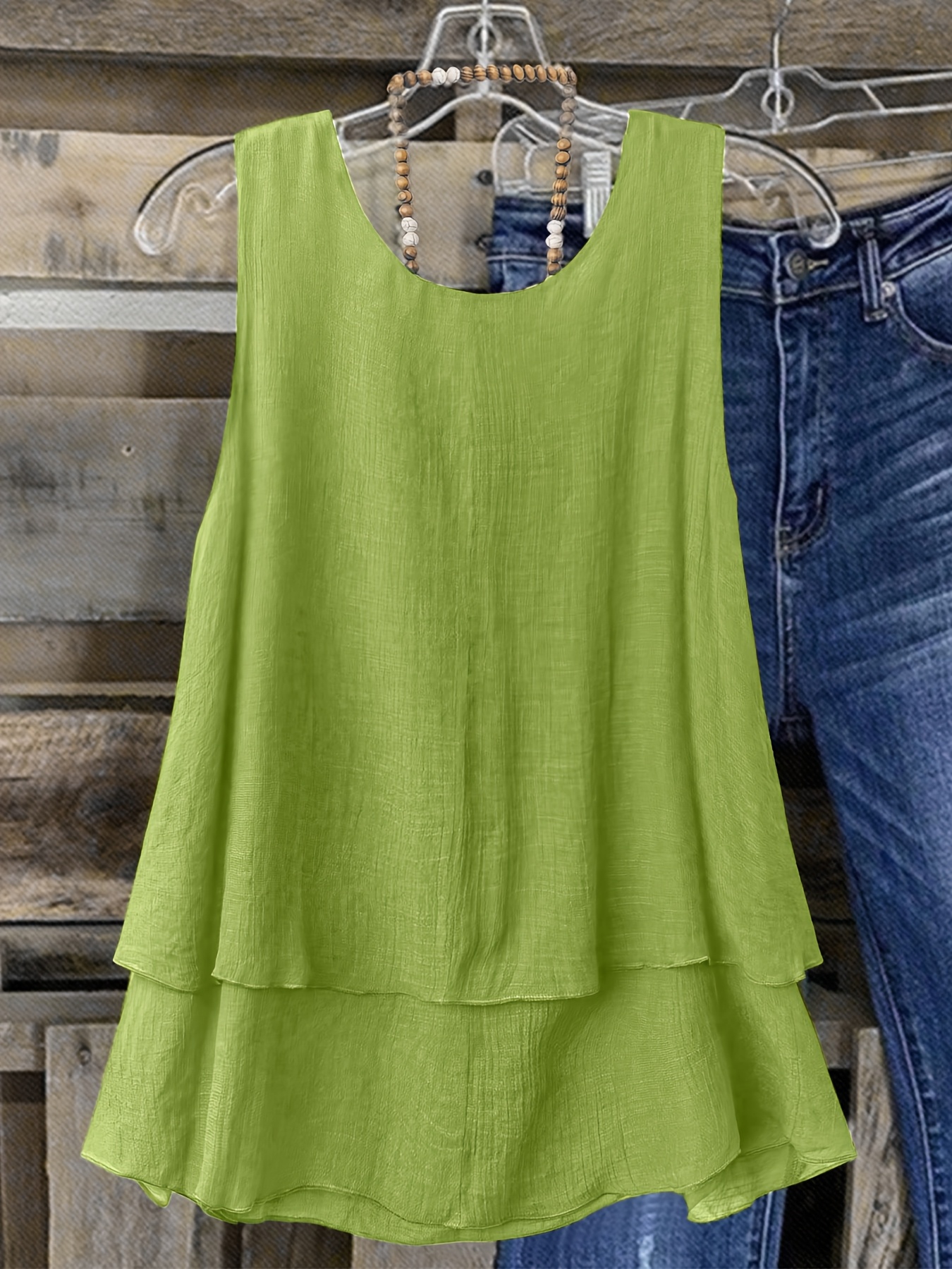 Women's Plus Size Sleeveless Elegant Top - Lightweight Breathable Blue Round Neck Vest, Machine Washable Spring Summer Casual Wear, Elegant Special Line Collection, Sophisticated Design, Textured Fabric