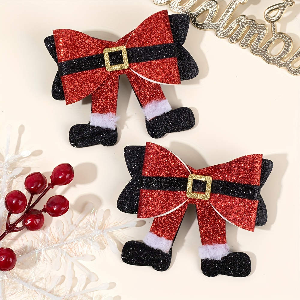 

2-pack Christmas Glitter Boot Bow Hair Clips For Teens, Mixed Color Leather Accessories For 15+