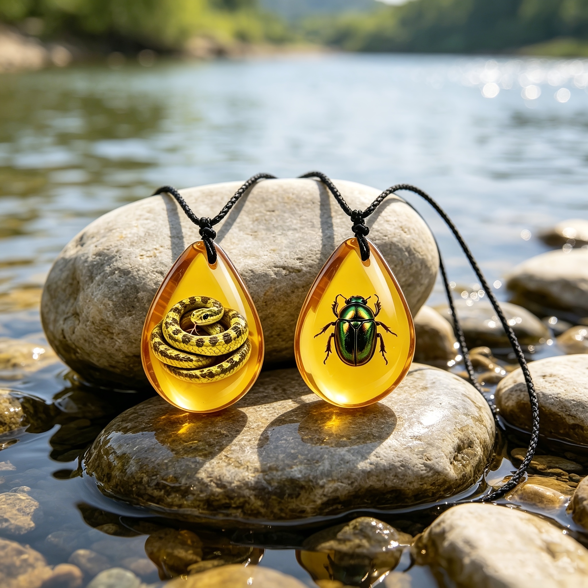2pcs Unisex Imitation Amber Snake & Beetle Pattern Necklace Set