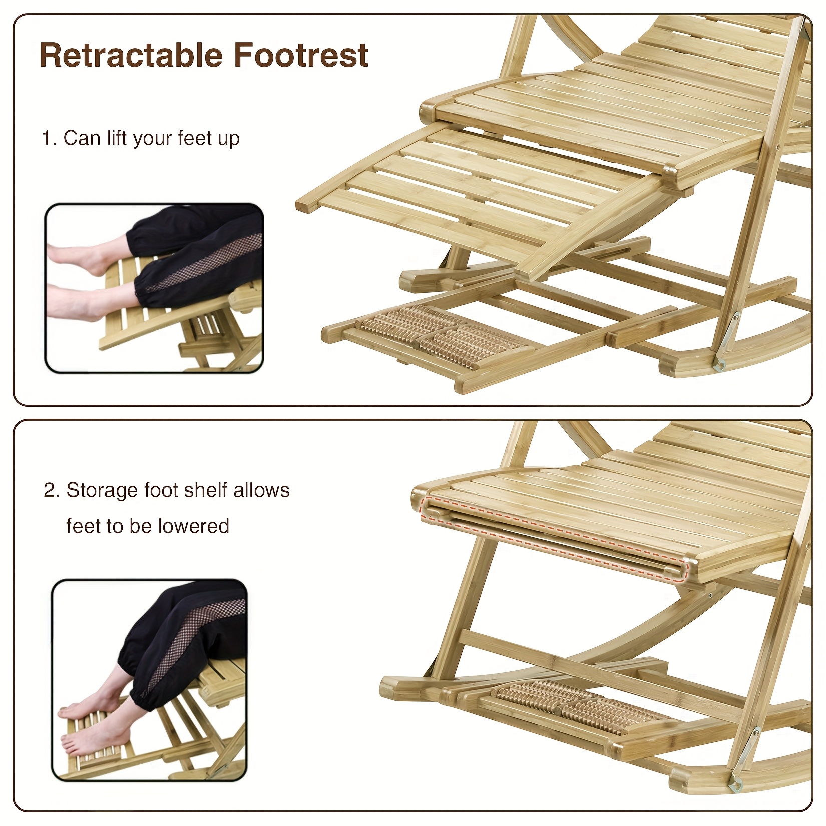 AESOME Loungers Deck Chair Wood Foldable Recliner Zero Gravity Chairs Bamboo Rocking Chair Ergonomic Design High Back Chaise Garden Outdoor Sun Lounge with Footrest for Patio Pool Sauna Sunbed