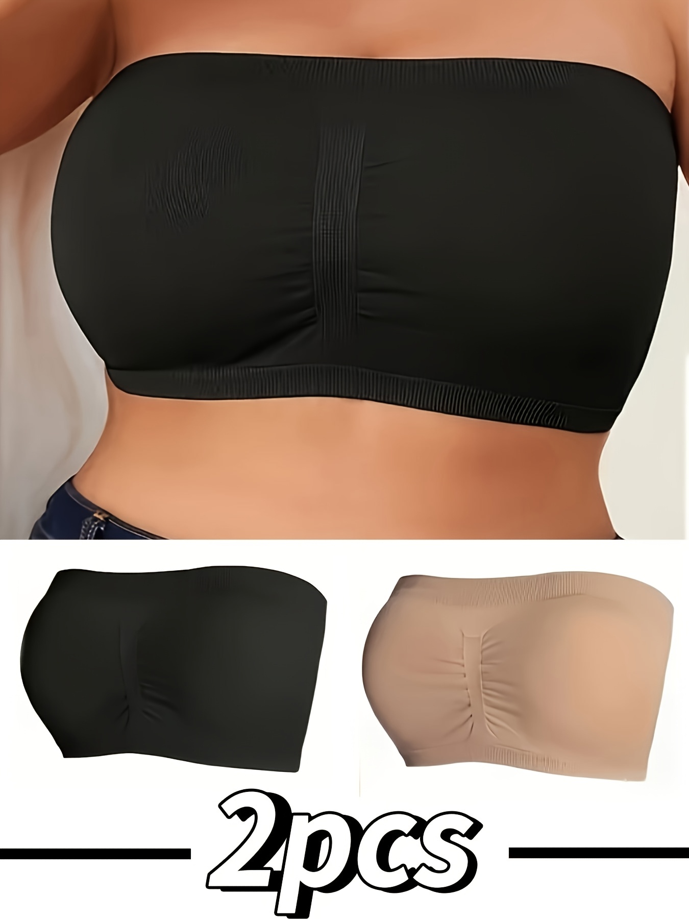 2pcs strapless seamless bandeau bras breathable solid color comfortable versatile simple and   plus size womens anti slip wrinkle   top wardrobe essential set