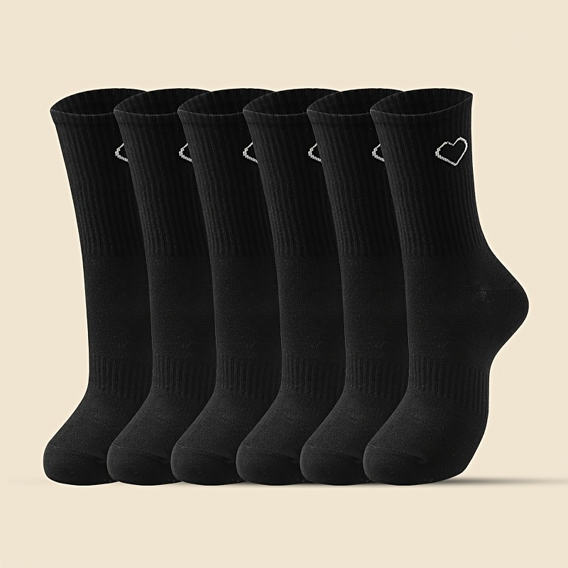 TEMU 6 Paires de Chaussettes Longues Noires Hautes, Élastiques, Confortables, Douces, Décontractées, Imprimées de Cœurs, Rayures Verticales, Couleur
