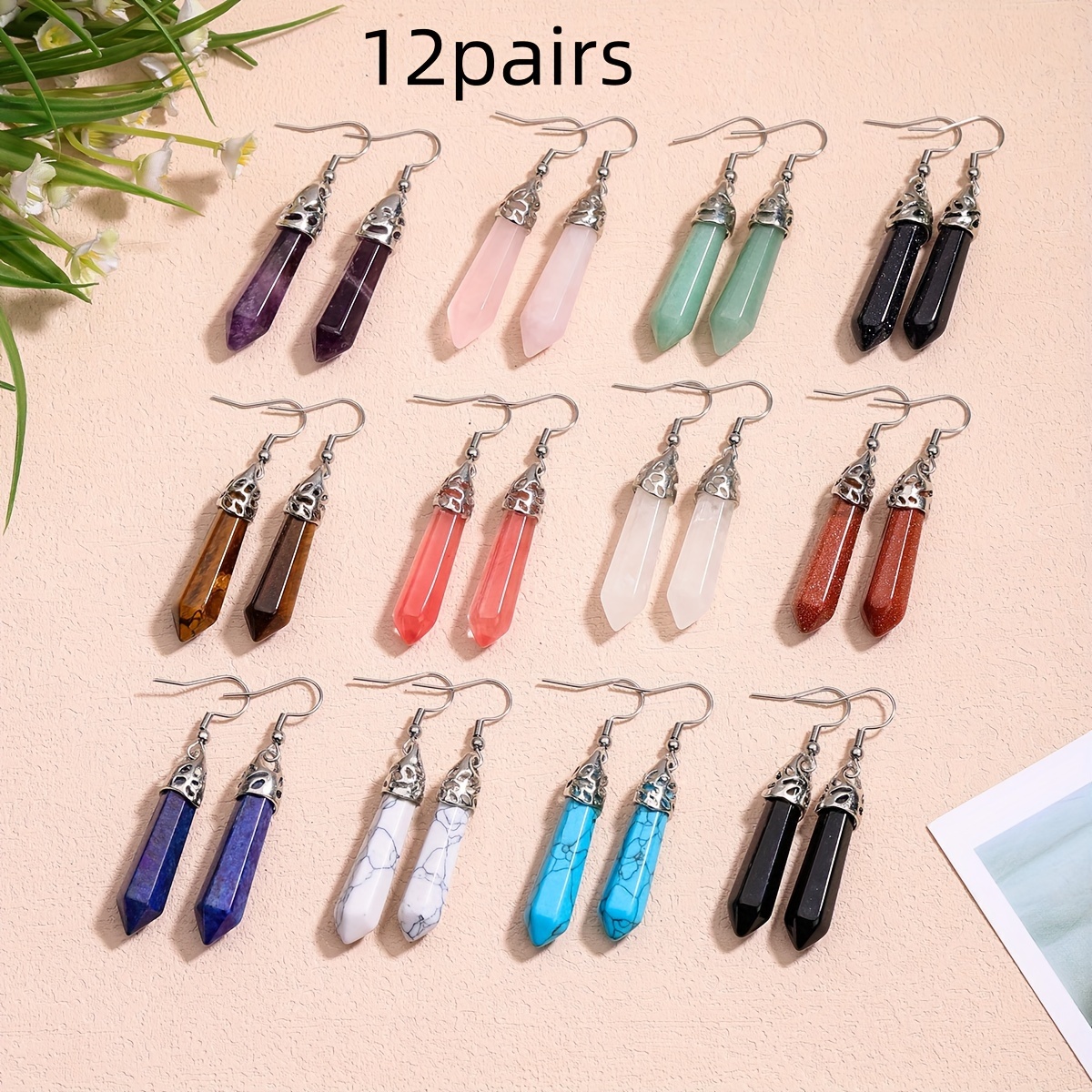 

12pairs Stone Earrings Sets For Men Women Natural Amethyst Rose Hexagonal Dangle Stainless Steel Hook Earrings