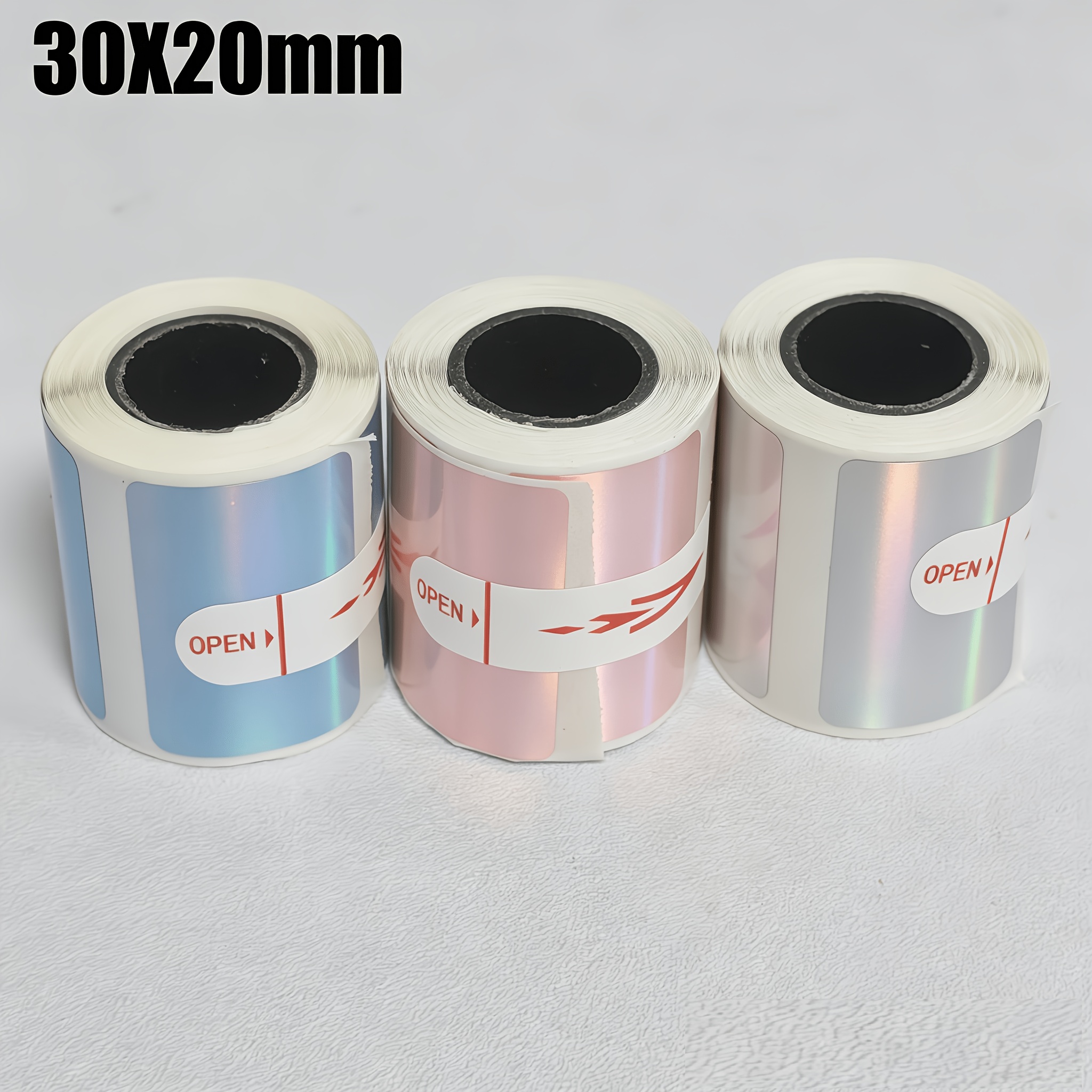 TEMU 3 Rolls Of Thermal-sensitive Label Stickers, Silvery/pink/blue Holographic Laser Style, 30×20mm. Suitable For Printing Barcodes, Brand Logos,