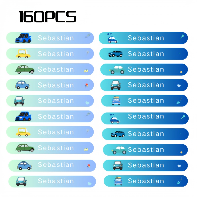 Image of Customizable Car Pattern Name Stickers - Pvc Labels, Anti-curl Adhesive, Reusable, For School Supplies, Office, Water Bottles, Pencils - Personalized Organization And Branding