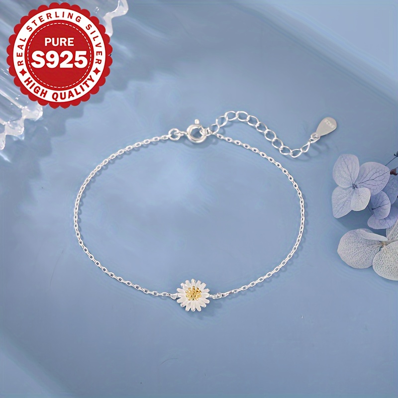 Image of 1 Women's Bracelet, S925 Sterling Silvery Daisy Design, Minimalist And Stylish For Casual Attire, Elegant Jewelry, Hypoallergenic