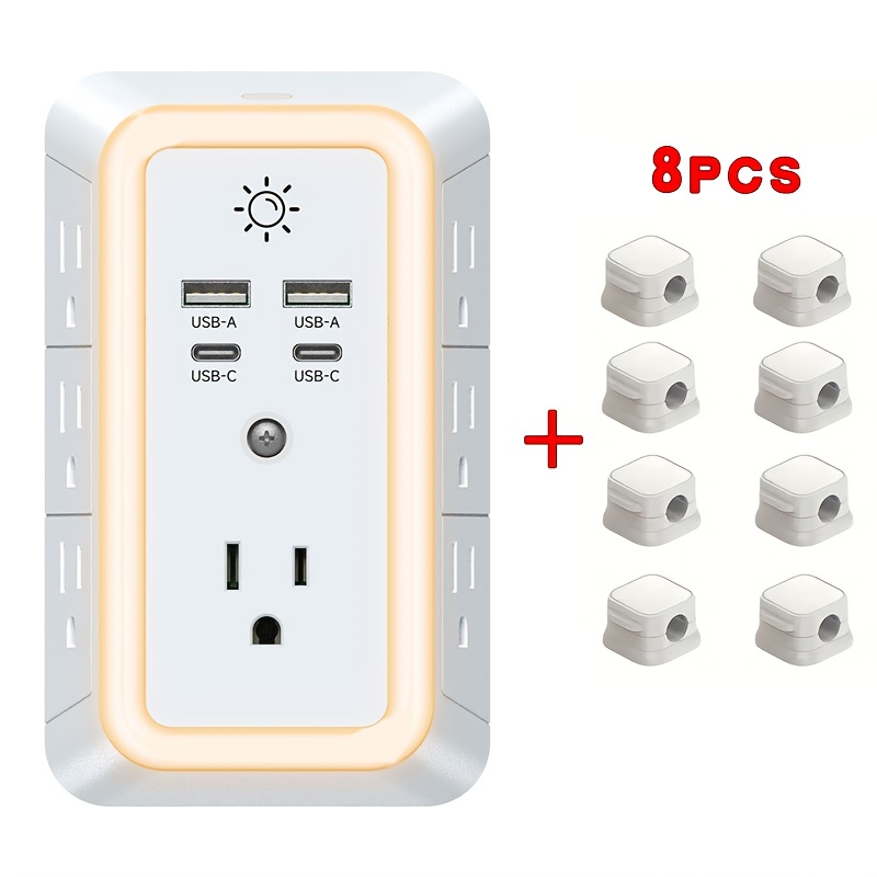 TEMU 2-in-1 Multi-functional Socket (2 Usb And 2 Usb-c) Wall Charger With 3-level Adjustable Night Light, Protector And 8pcs Adjustable Pp Magnetic