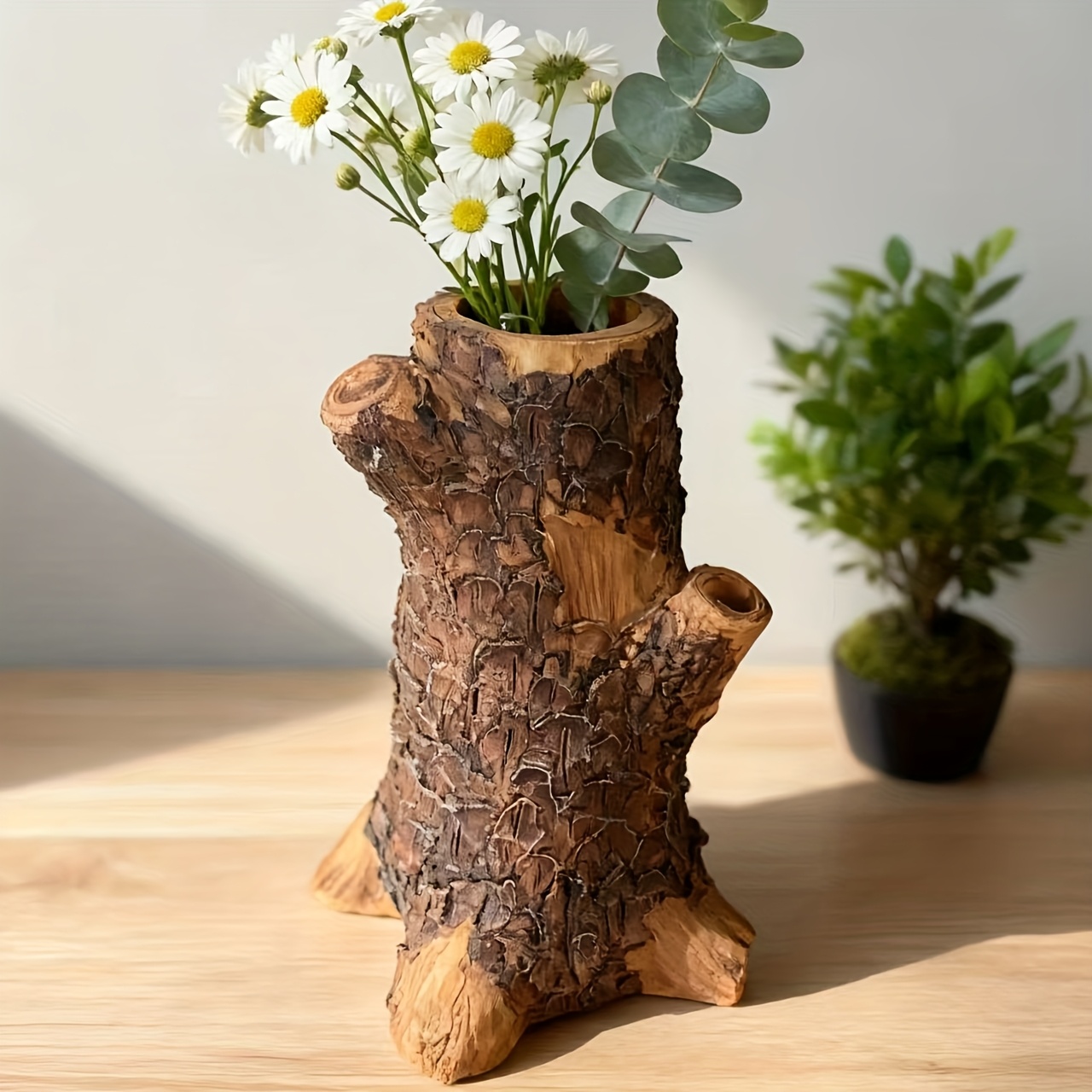 Image of 1pc Vintage Stump Vase Resin Flower Holder For Living Room, Tea Room, Tabletop, Countertop, Decorative Flower Vase