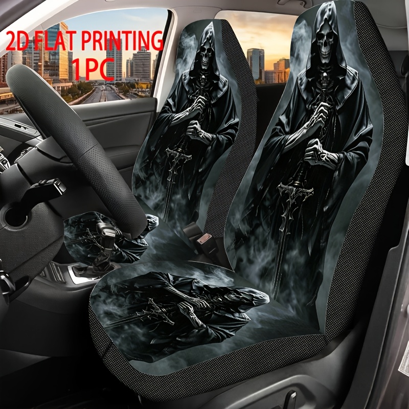 TEMU 2d Flat Printing, 1pc Universal Car Seat Cover Featuring A Black Hooded Holding A Long Sword With Background Pattern. Designed Specifically For
