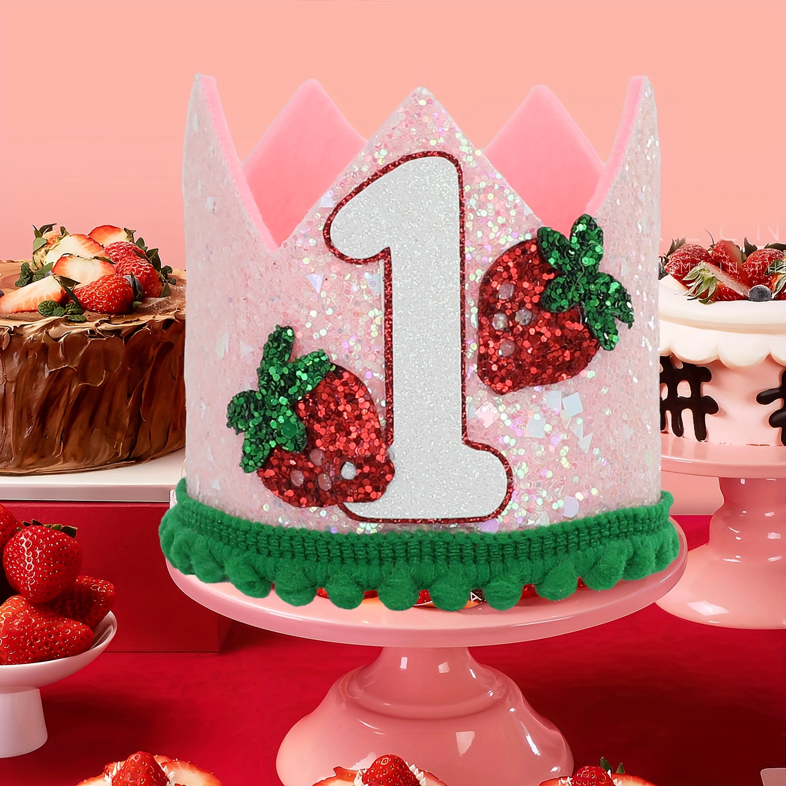 

Charming Strawberry Birthday Crown - Pink & Red, Fabric, Hand Wash Only - Perfect For Sweet Celebrations