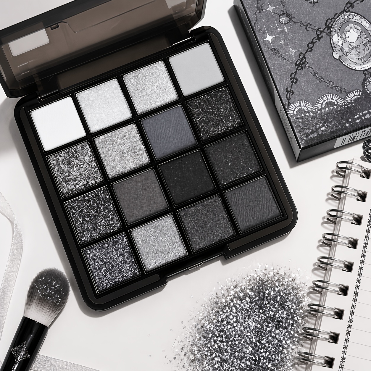 16-color Smokey Eyeshadow Palette, Matte Shimmer Glitter Eye Makeup, Black Grey Silvery , Long-lasting Waterproof