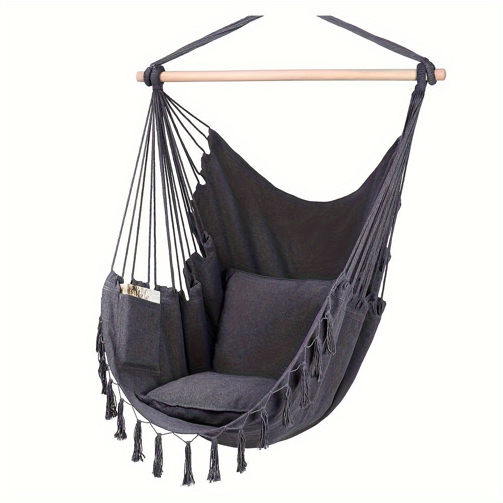 

Deluxe Macrame Hammock Chair With 2 Cushions - Large Cotton Weave Swing, Holds Up To 500 Lbs, Includes Pocket For Extra Comfort