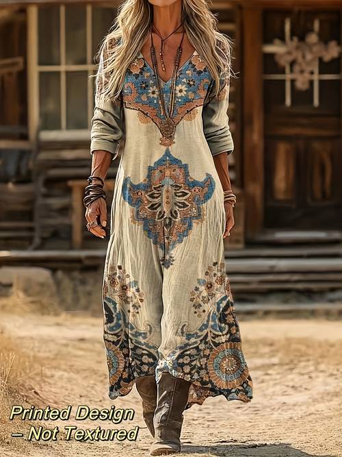 womens vintage ethnic floral art long sleeve dress wilderness