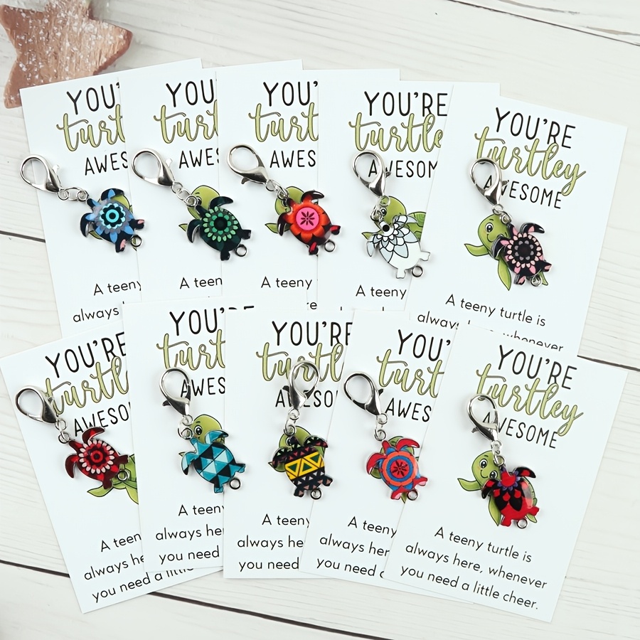 TEMU 10pcs Colorful Turtle Keychain Set With Traveling Turtle Greeting Card For Writing , Suitable As A Keychain Set For Travel-loving , Bag Charm,