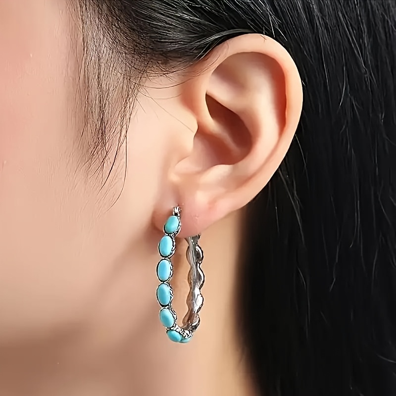 925 Silver Ethnic Style Turquoise Hoop Earrings for Wedding Banquets