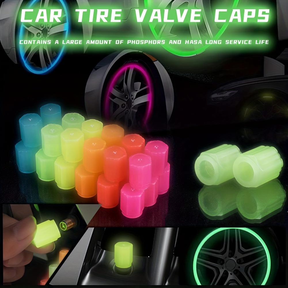 

4pcs Fluorescent Tire Valve Cap Set, Universal Luminous Polyvinyl Chloride Stem Cover, Waterproof Car Tire Valve Cap, Universal Fluorescent Bicycle Stem Cover