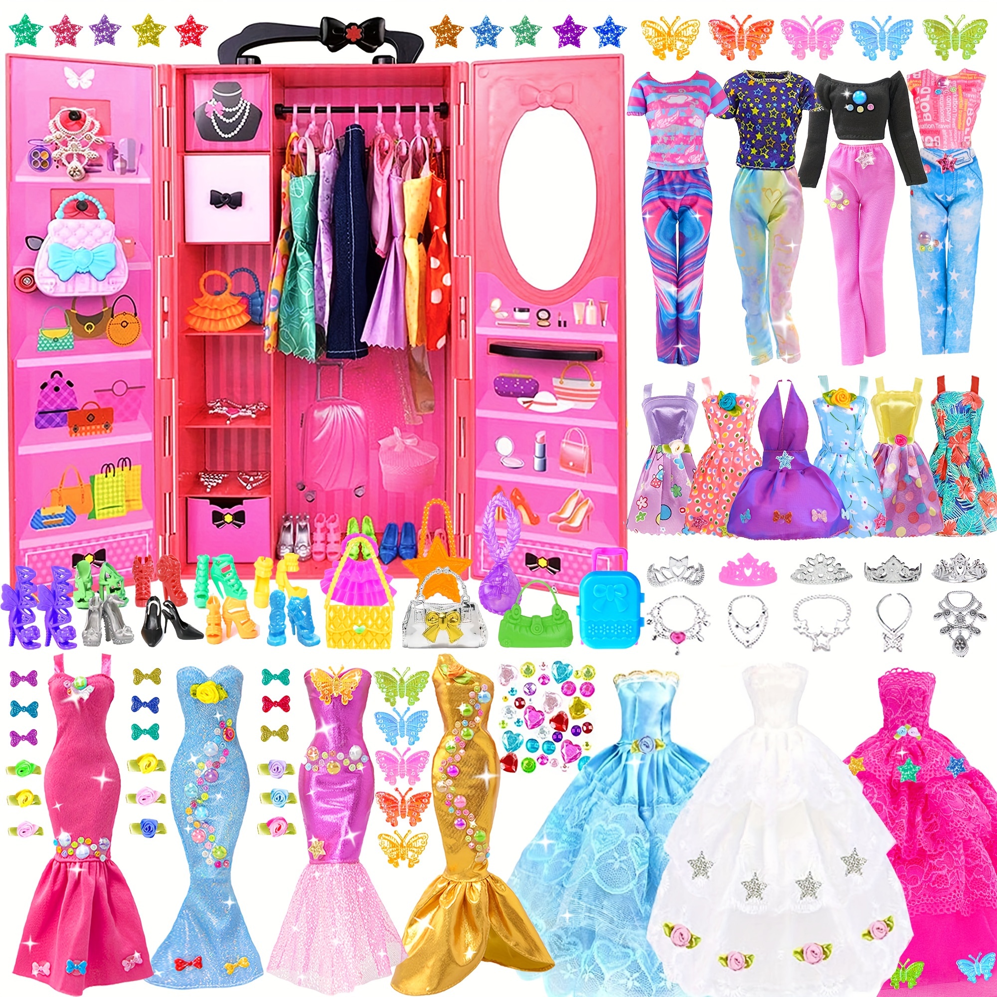 

146pc Doll Closet Doll Clothes And Accessories For 11.5 Inch Doll Kit Girl Doll Dress Up Including Wedding Dress Outfits Shoes Hangers Bags Necklaces Stickers (no Doll)