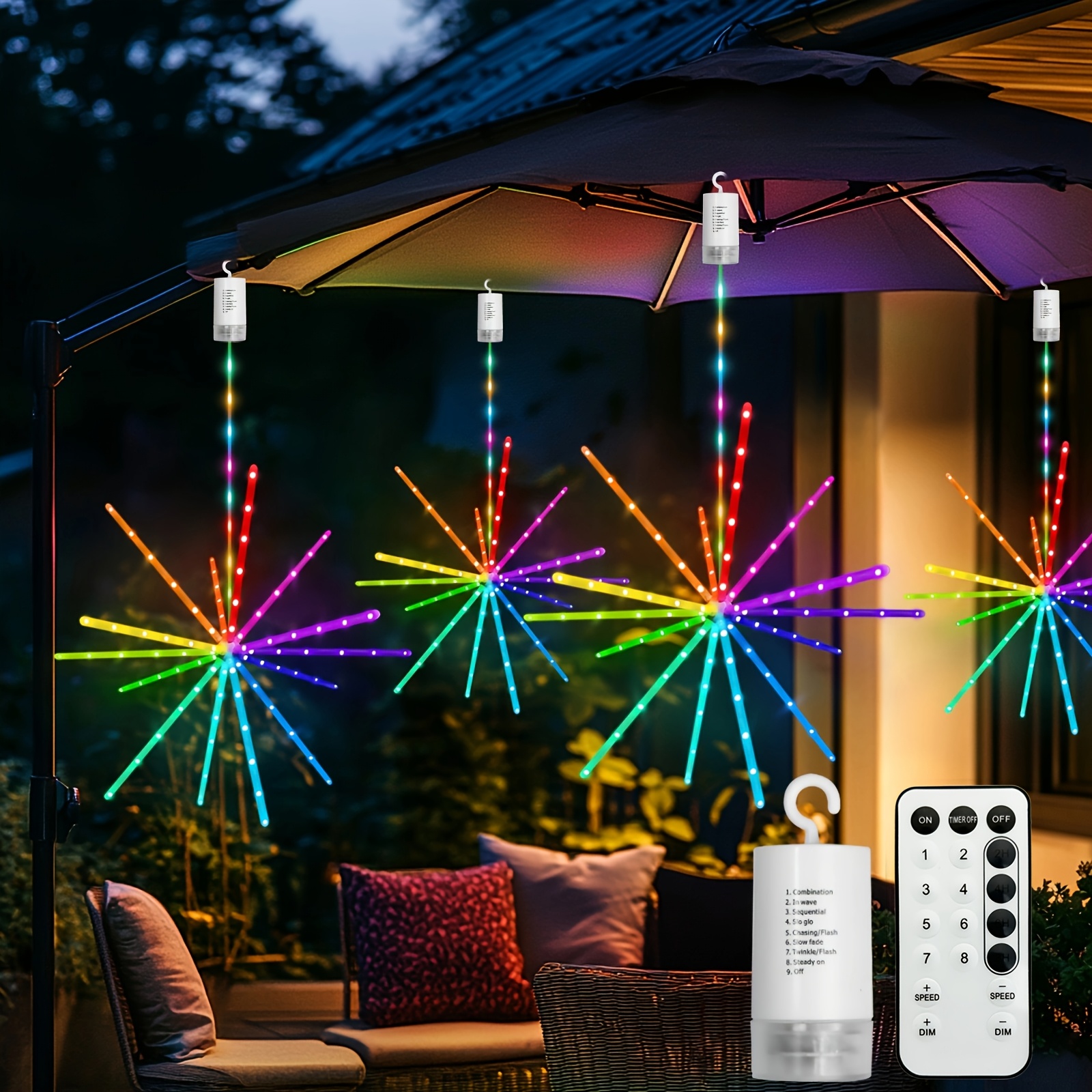 TEMU Hanging Starburst Lights Firework Lights Meteor Lights Exploding Star Lights 114 Led Hanging Lights Battery Powered With Remote Control 84
