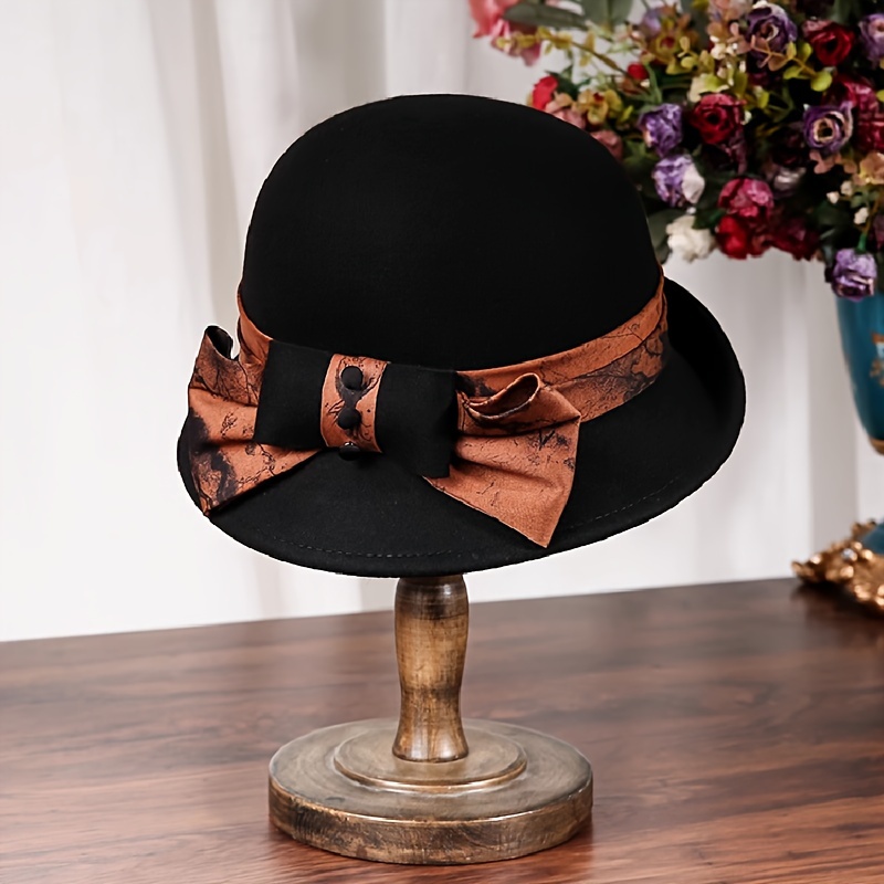 Ribbon Bowknot Wool Bucket Hat Vintage French Style Cloche Foldable Fedoras Felt Hats for Women Autumn & Winter,Temu