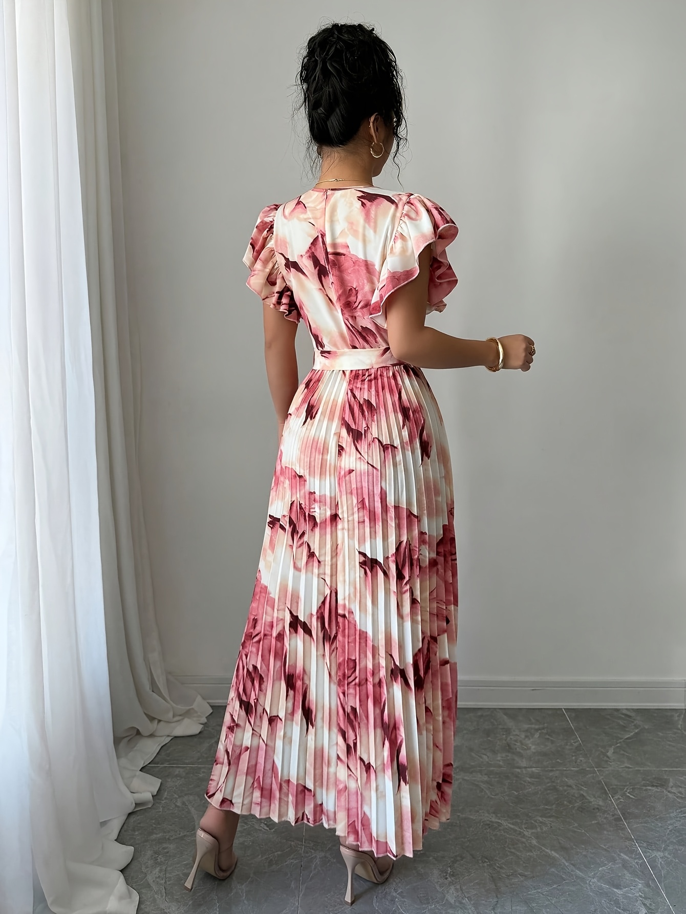 womens elegant tie dye floral print long dress with ruffle hem pleated design and belt detail   casual daily wear or vacation Product details 0