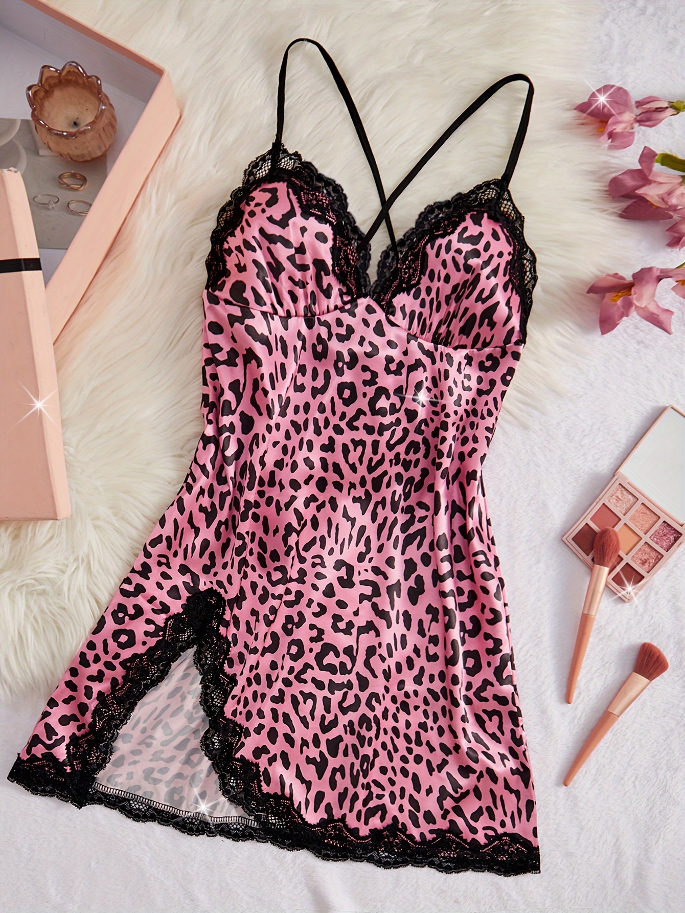 Women'S Leopard Print Satin Nightgown - Sexy V-Neck, Asymmetrical Hem with Tie Detail, Sleeveless Sleepwear for Spring/Summer/Fall, Adult, Leopard Print Nightgown