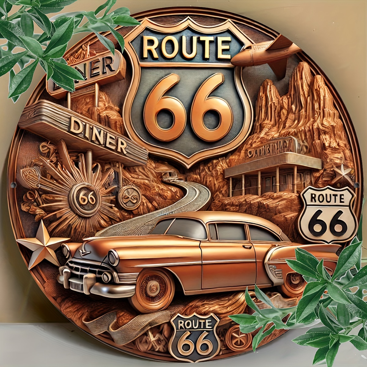 

Vintage Route 66 Art Deco Metal Sign: 7.8x7.8 Inch (20x20cm) Outdoor Wall Art - Durable, Weather-resistant, And Perfect For Home, Cafe, Bar, Club, Farm, Garden Decor