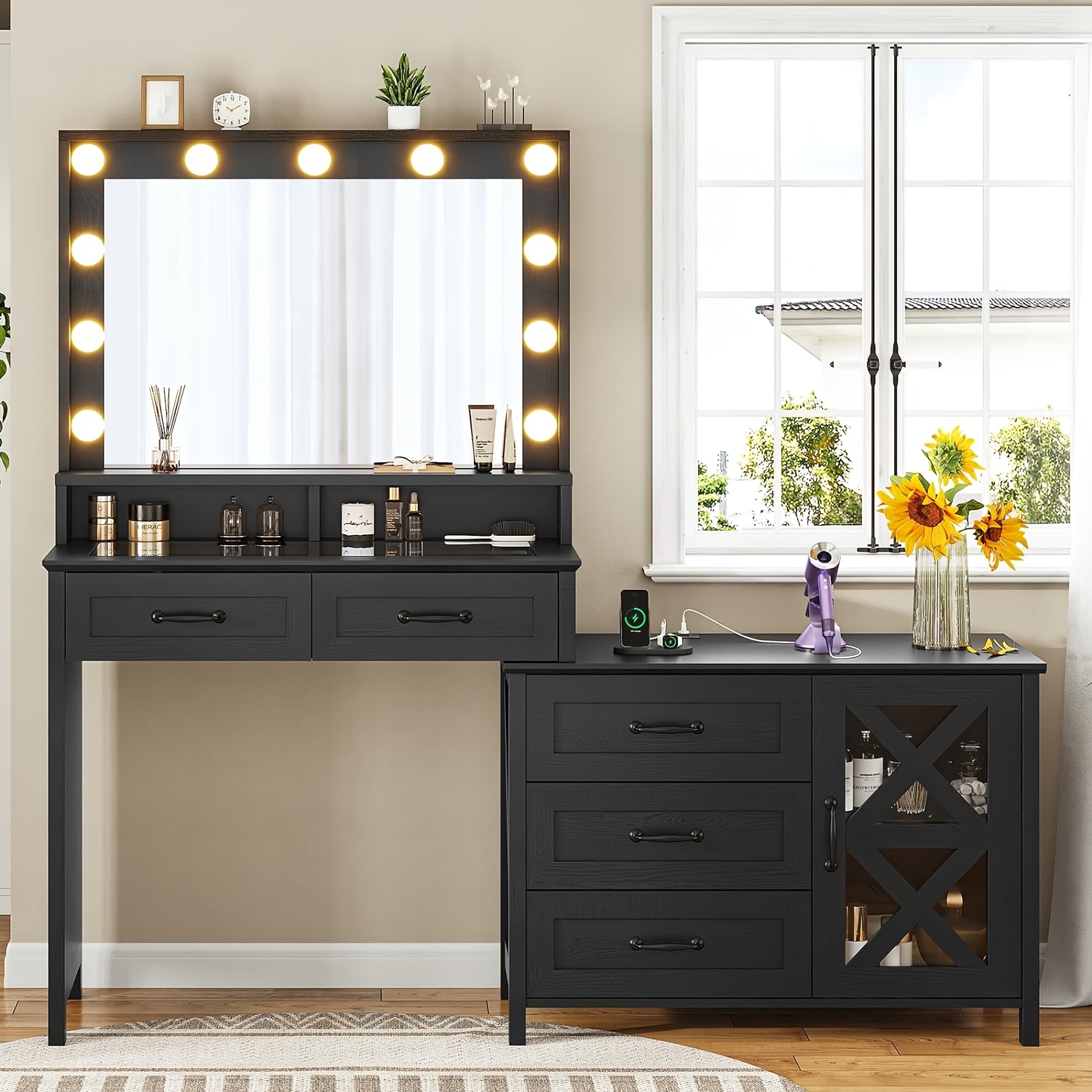 

Makeup Vanity Desk With Large Mirror&charging Station&drawers, Farmhouse Vanity Table With Glass Top For Women Girls, Black