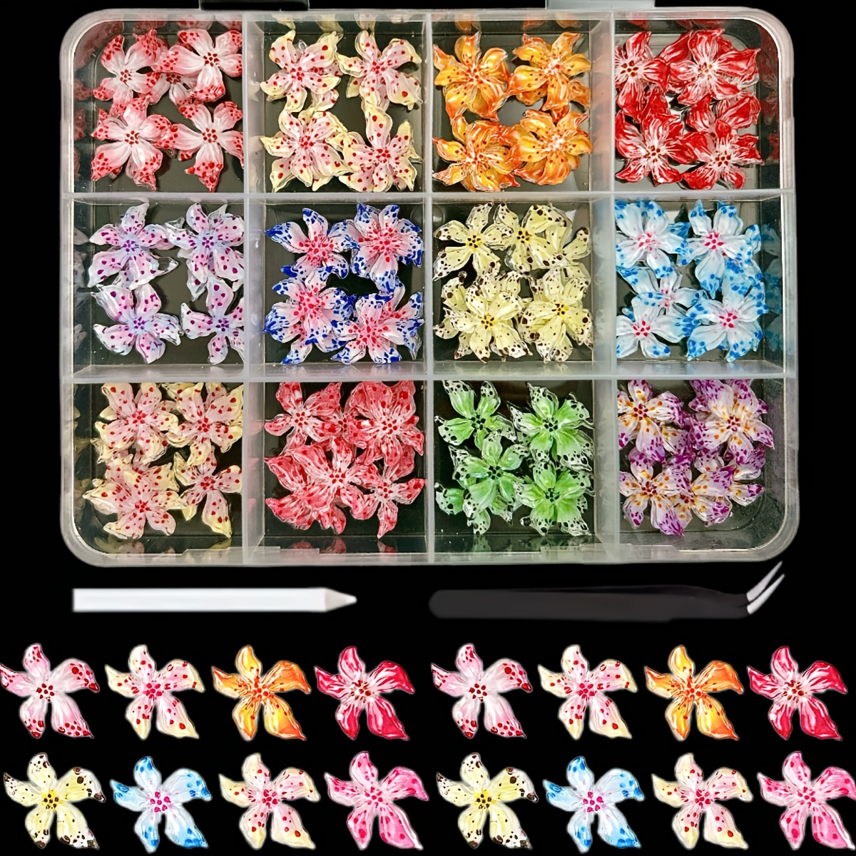 TEMU 72pcs (72pcs) Soft Nail Charms Kit - 12-color 3d Lily & Leopard Print Suitable For Diy Nail Art, Supplies For Women', Party, Wedding, Festival,