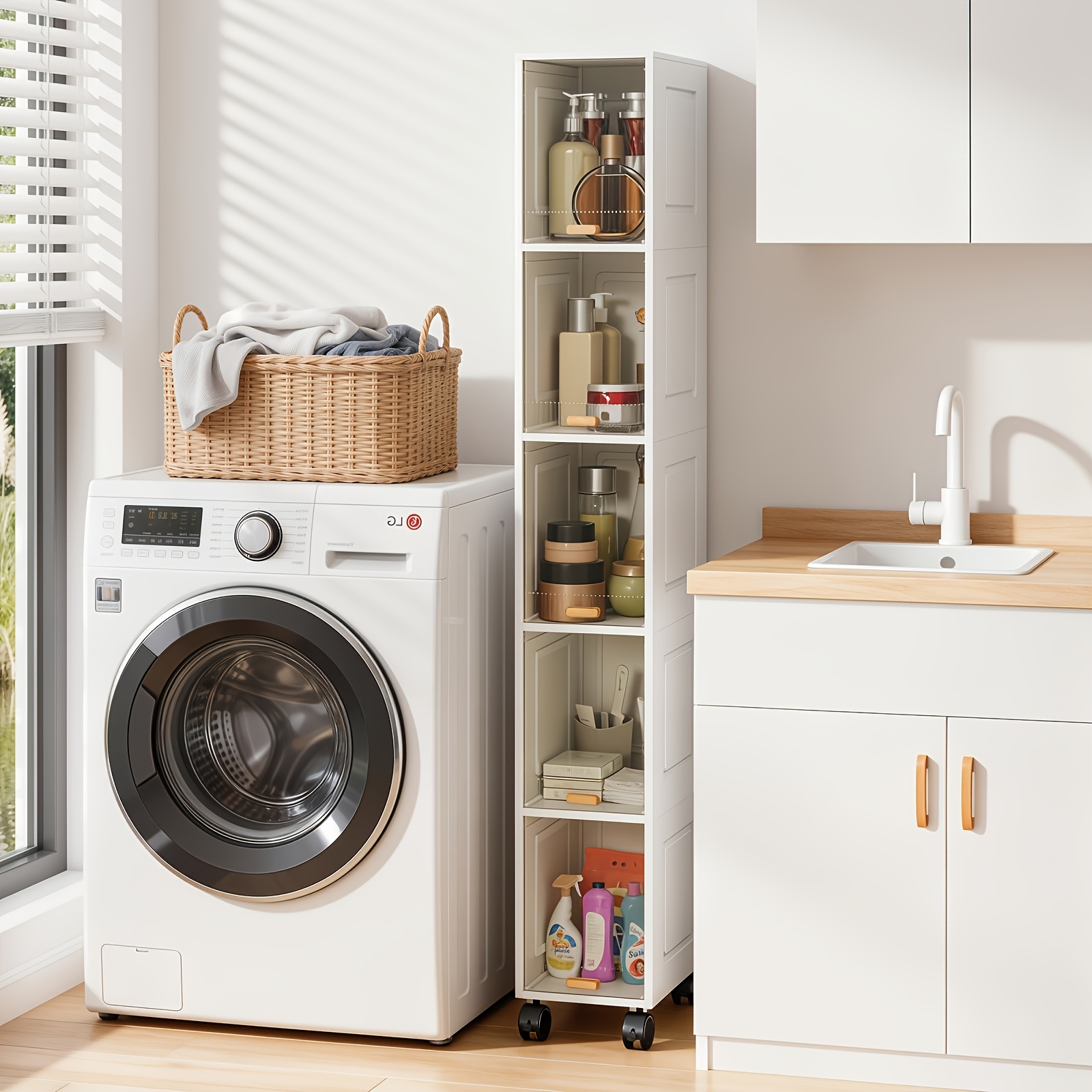 TEMU Meuble de rangement étroit à couvercle rabattable, organisateur mince en plastique à 3/5 niveaux avec porte transparente, anti-poussière, 7,9