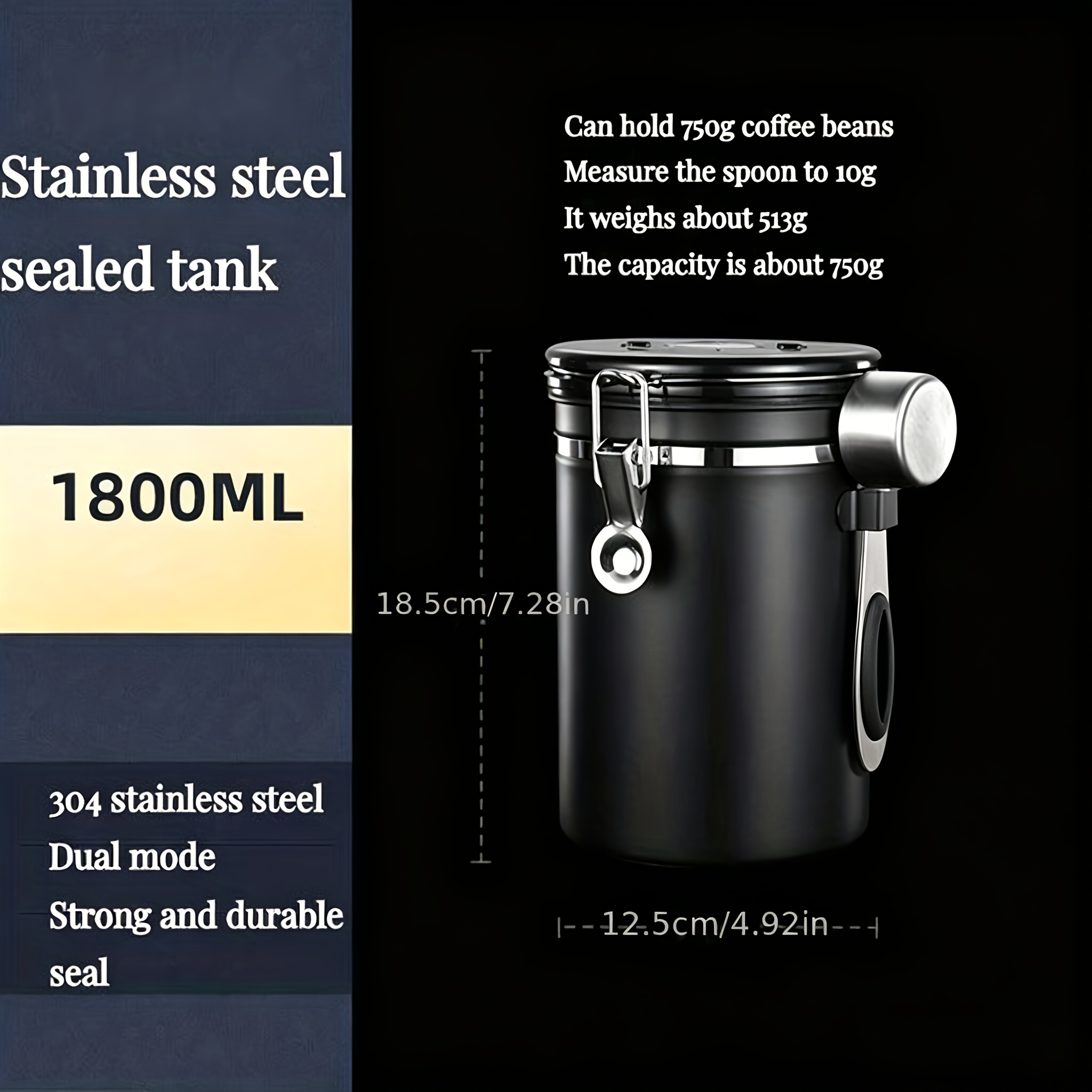 Image of Stainless Steel Sealed Coffee Container Storage Tank Set Coffee Jar With Spoon Coffee Bean Tea 1.5l / 1.8l Coffee Jar Stainless Steel Container, For Coffee Beans Or , Tea, Sugar, Rice