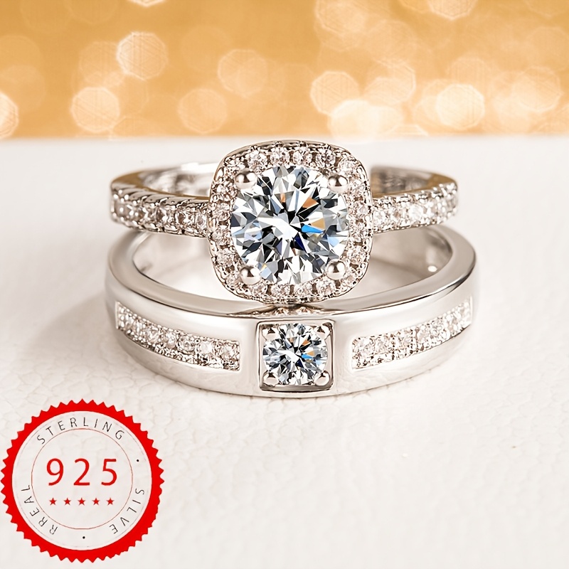 Image of 1 Pair Of S925 925 Silvery Plated Fashion Exquisite Couple Rings Inlaid With Synthetic Synthetic Cubic Zirconiaia Men's And Women's High-quality Jewelry, Approximately 6.2 Grams