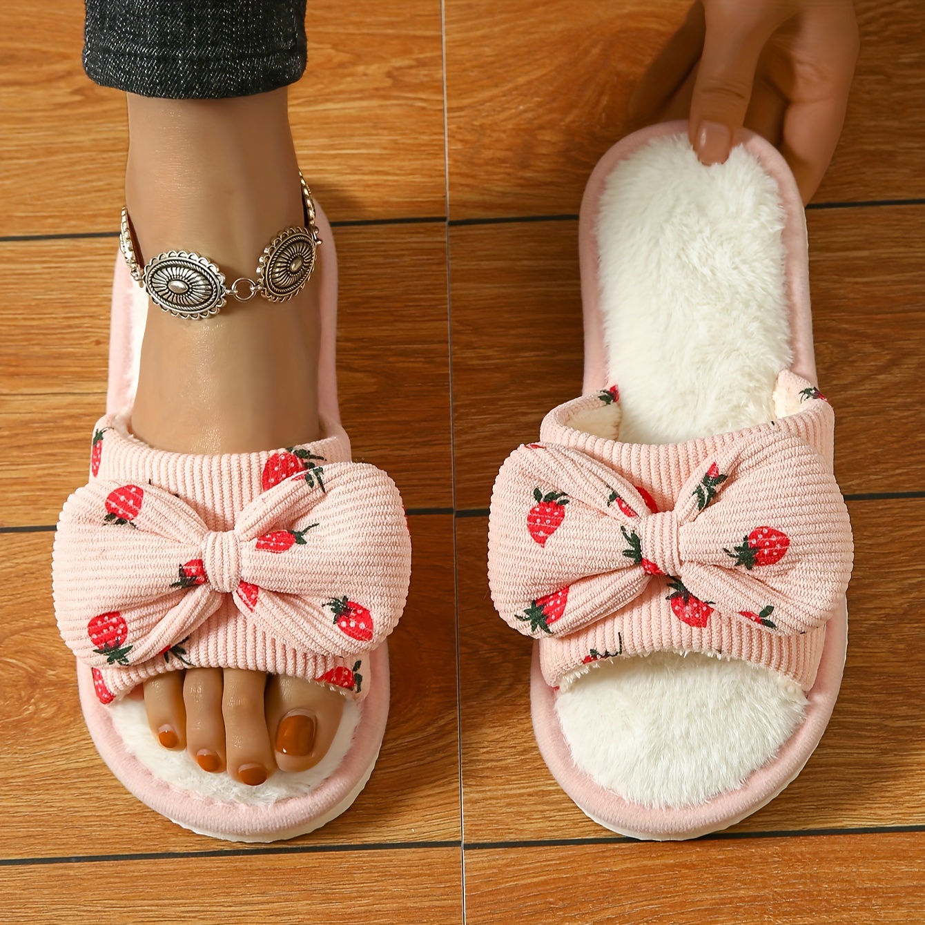 

Cute Strawberry Bowknot Home Slippers, Lightweight Flat Plush Lined Warm Shoes, Non-slip Floor Mute Slippers