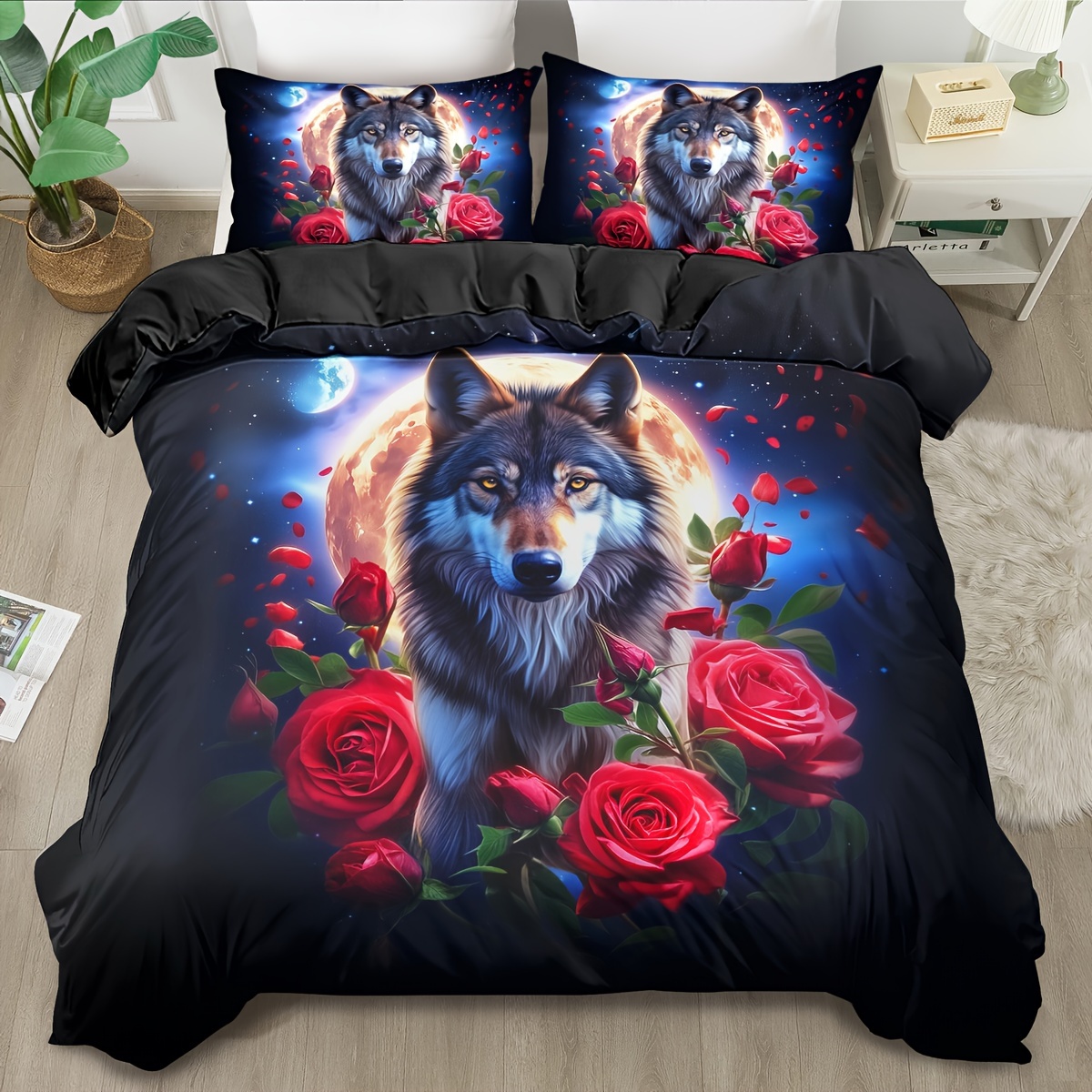 TEMU 2/ 3pcs Duvet Cover Set, Soft And Comfortable, Red Rose Wolf Duvet Cover Set Bedding Set, 3d Animal Wolf Print Duvet Cover, Animal Bedding Set