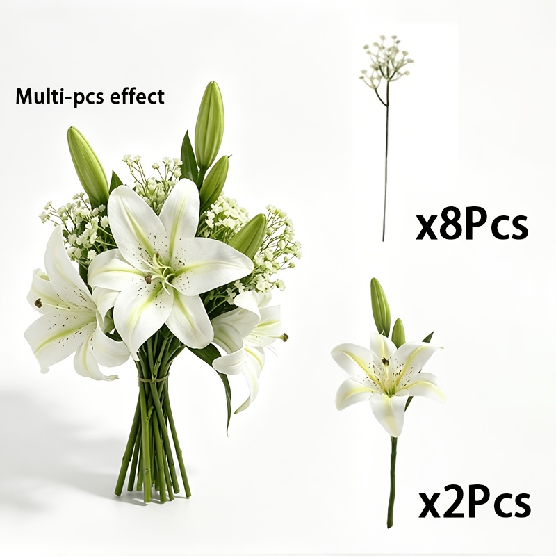 TEMU 10pcs Mixed Artificial & Baby's Breath Flower Bouquet, 2pcs Lilies With Buds + 8pcs Gypsophila Stems, Fluffy Faux Floral Arrangement, For Vase