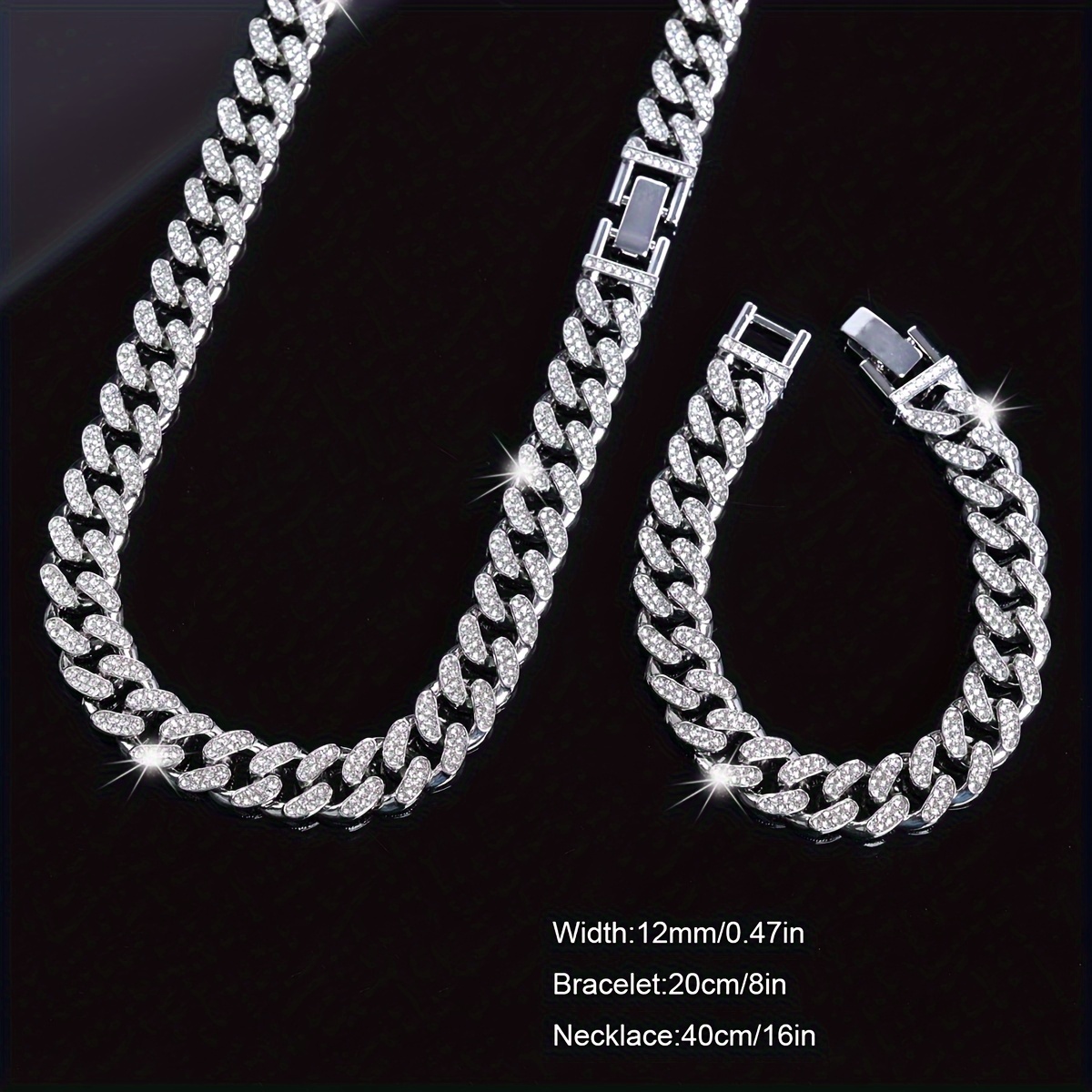 TEMU 2 Pezzi Set di Gioielli Hip Hop Abbaglianti, Gioielleria da Rapper, Collana con Catena Spessa e Bracciale Audace, Design con Strass Scintillanti