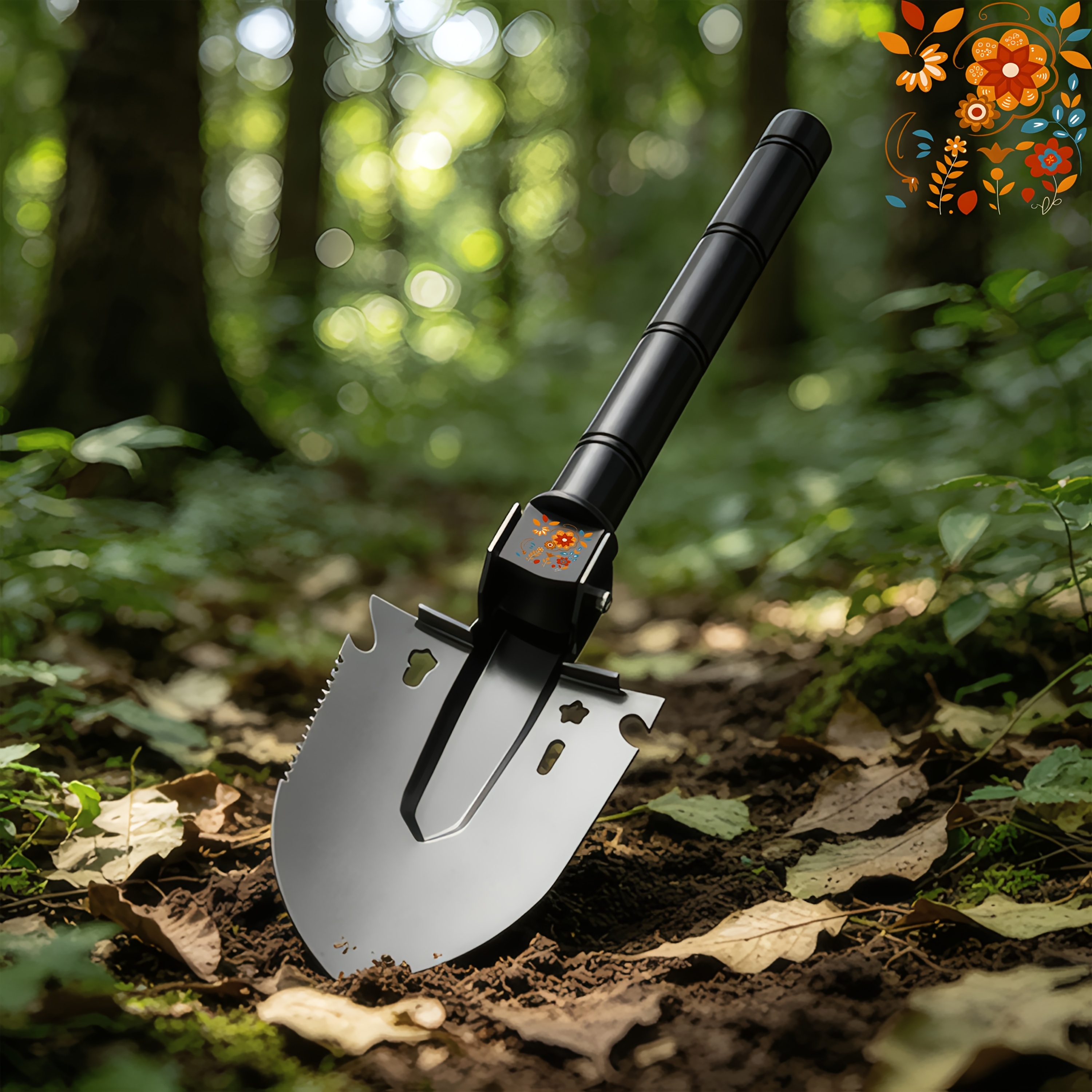 Orange Red Blue Leaf Floral Pattern Multi-Functional Shovel, Lightweight