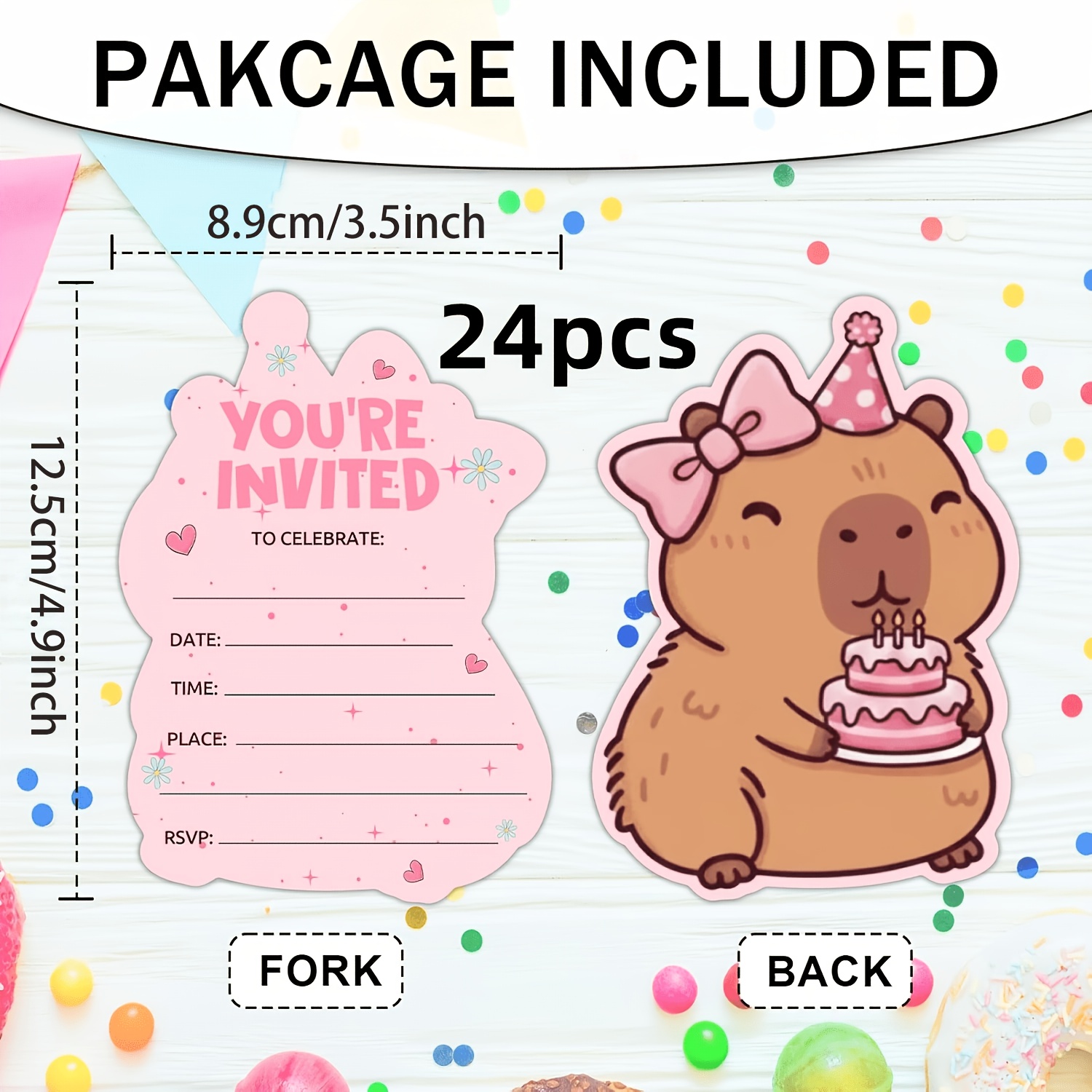TEMU 24pcs Pink Capybara Invitation Cards, Capybara-themed Party Invitations, Pink Birthday Party Stationery Halloween Christmas Thanksgiving