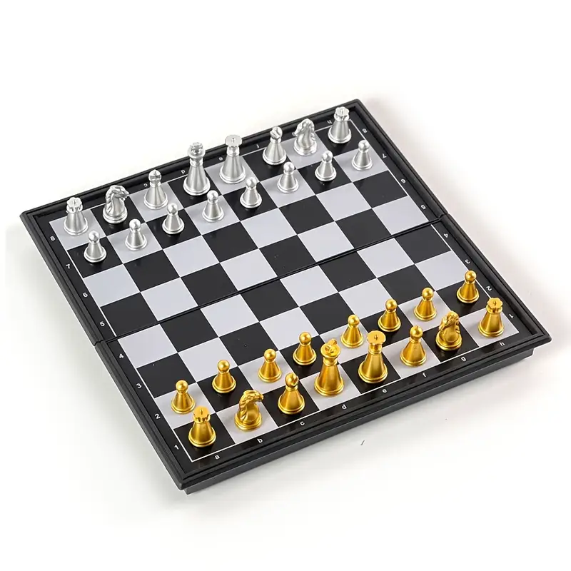 Juego De Ajedrez Magnético Plegable - Ideal Para Viajes, Mesa Portátil En Blanco Y Negro
