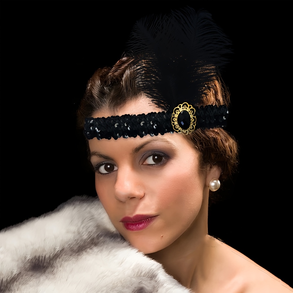 

Elegant Black Feather Headband With Golden Accents - 1920s Style, Polyester Hair Accessory For Masquerade Balls & Themed Events